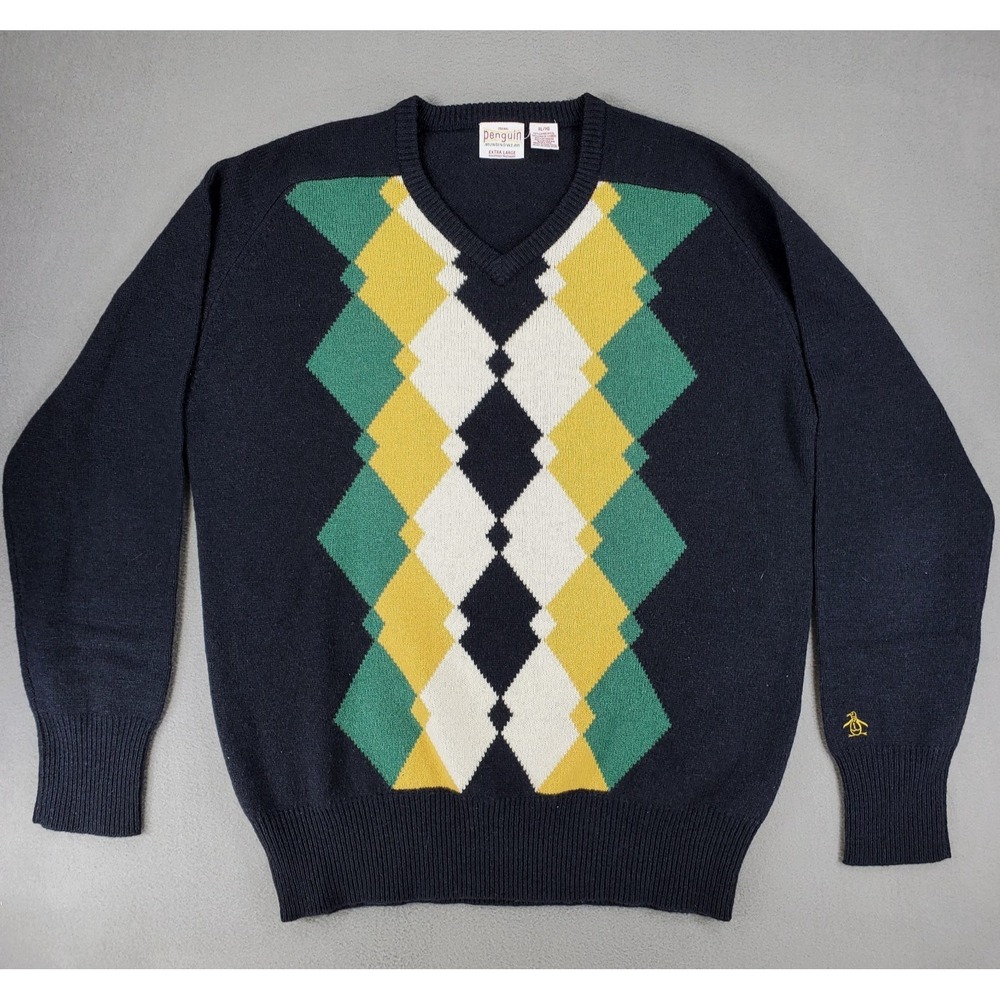 Vintage Penguin Munsingwear Pullover V Neck Sweater XL Black Wool Argyle Retro
